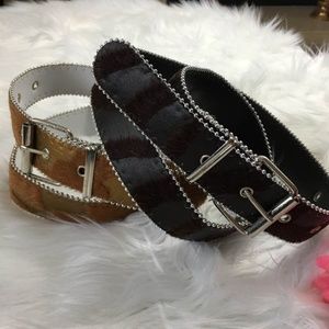 Black & Brown Faux Cow Fur Belts Silver Trim